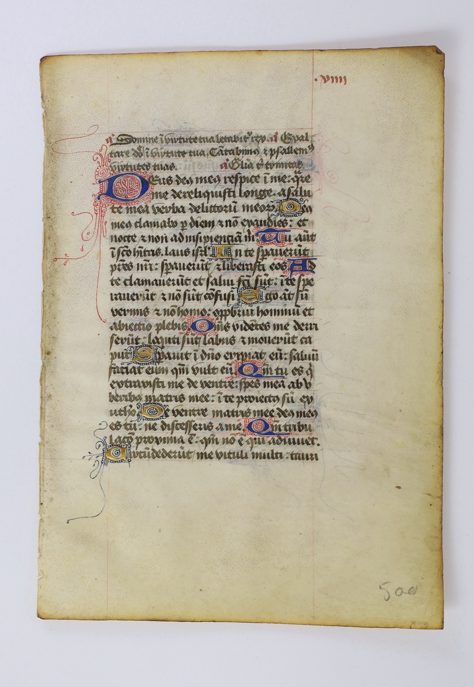 Manuscript leaf from a book of hours illuminated in blue, red and gilt; French, second quarter of the 15th century